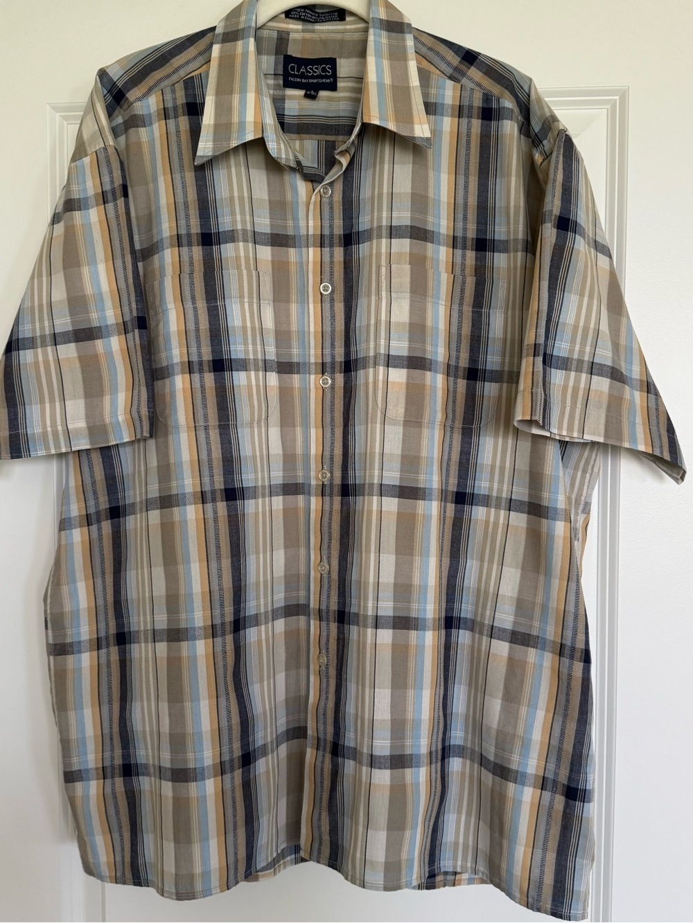 Classic Men's Casual Short Sleeve Plaid Button-Up Shirt - Beige & Navy